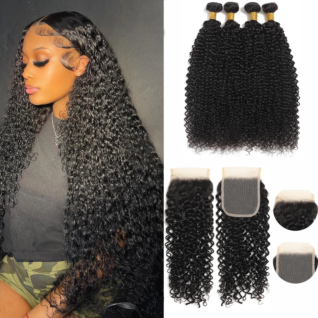 

30 inch Kinky Curly Unprocessed Human Hair Bundles with Closure Virgin Deep Wave Human Hair Bundles with Closure Cheveux Humain