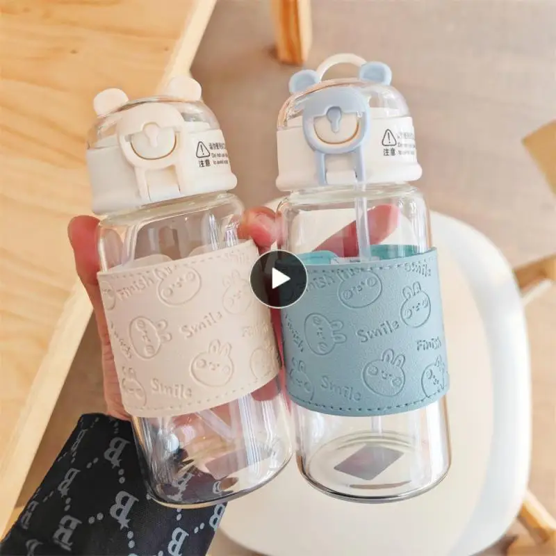 

With Leather Cover Anti-scalding Cup 380ml Glass Water Cup Couple Cup Bear Straw Water Cup Straw Water Cup