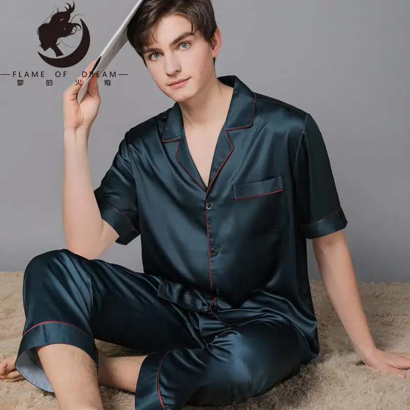 Flame Of Dream New Spring And Autumn Silk Pajamas  Ice Silk Men's Pajamas Home Clothes  Large Suit 221042