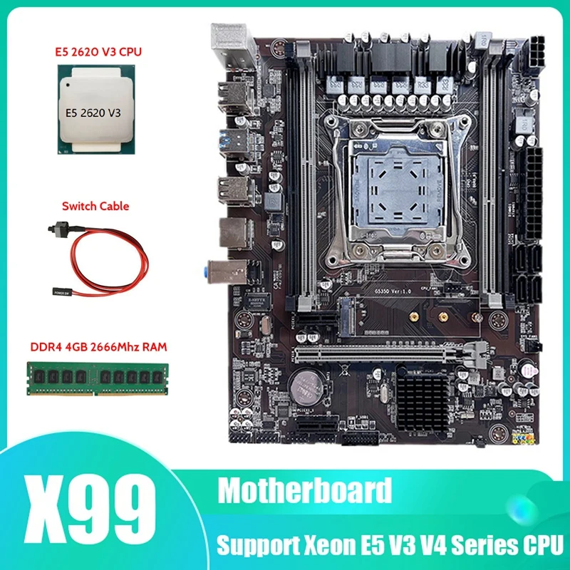 X99 Motherboard LGA2011-3 Computer Motherboard Support DDR4 RAM With E5 2620 V3 CPU+DDR4 4GB 2666Mhz RAM+Switch Cable