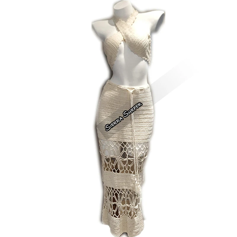 

2023 New High Customization Women Beach Coverups Summer 2 Piece Outfits Crochet Bikini Top and Maxi Skirt Set