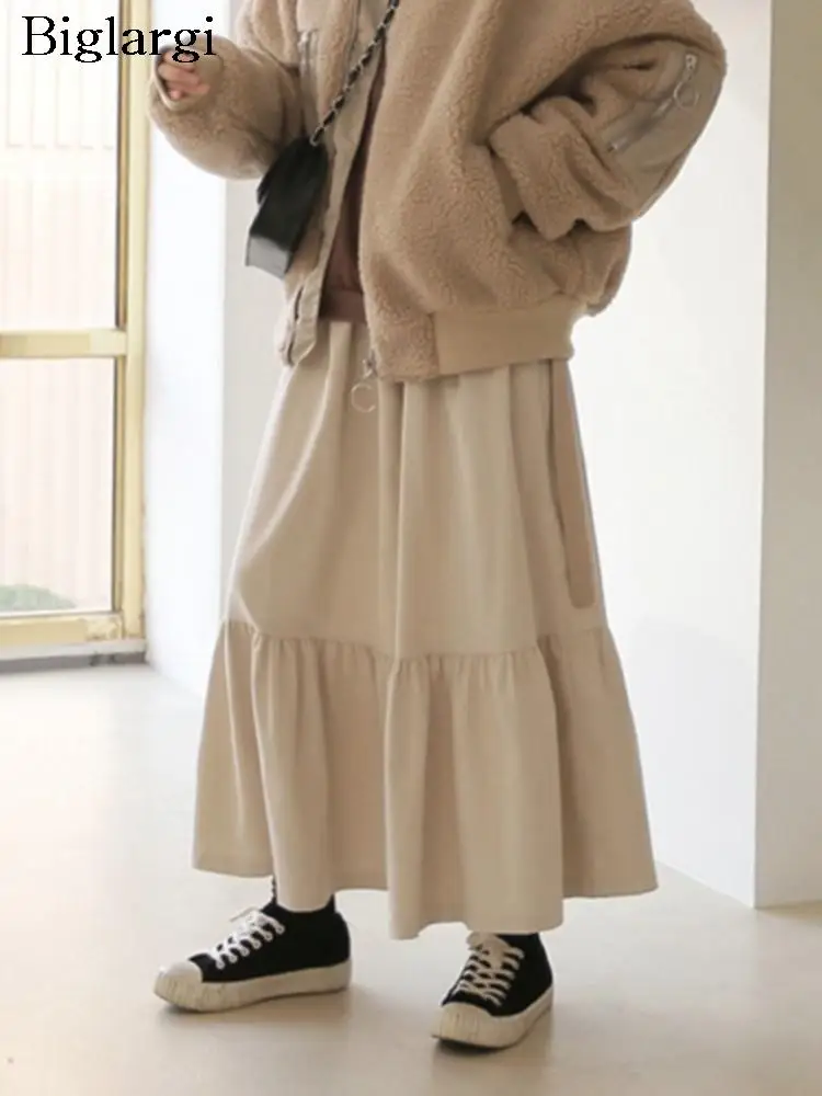 

Autumn Winter Corduroy Long Skirt Women Irregular Fashion Fishtail Ruffle Pleated Ladies Skirts Korean Loose Woman Skirt 2023