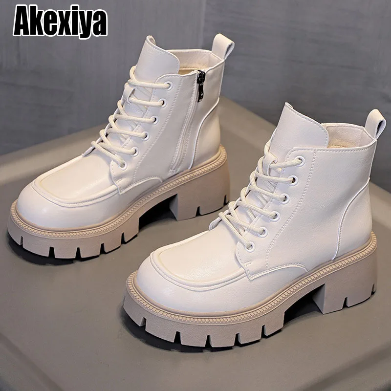 

Женские мотоциклетные ботильоны из натуральной кожи, на платформе, на молнии, с круглым носком