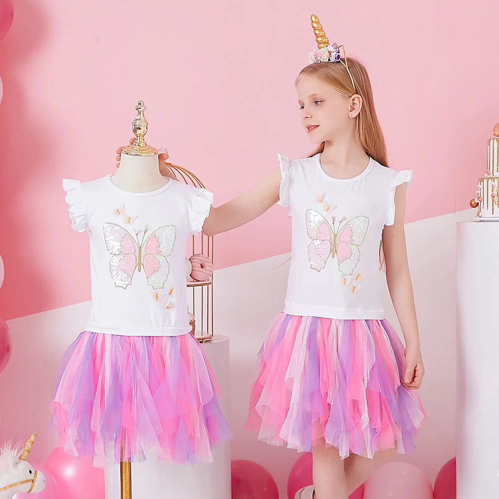 Платье детское летнее без рукавов с блестками и бабочками