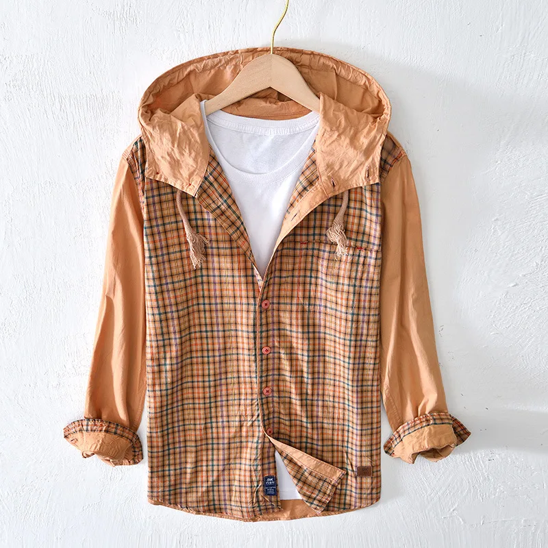 

Men's Plaid Hoodie, Long Sleeve Casual Cardigan Denim Blouse