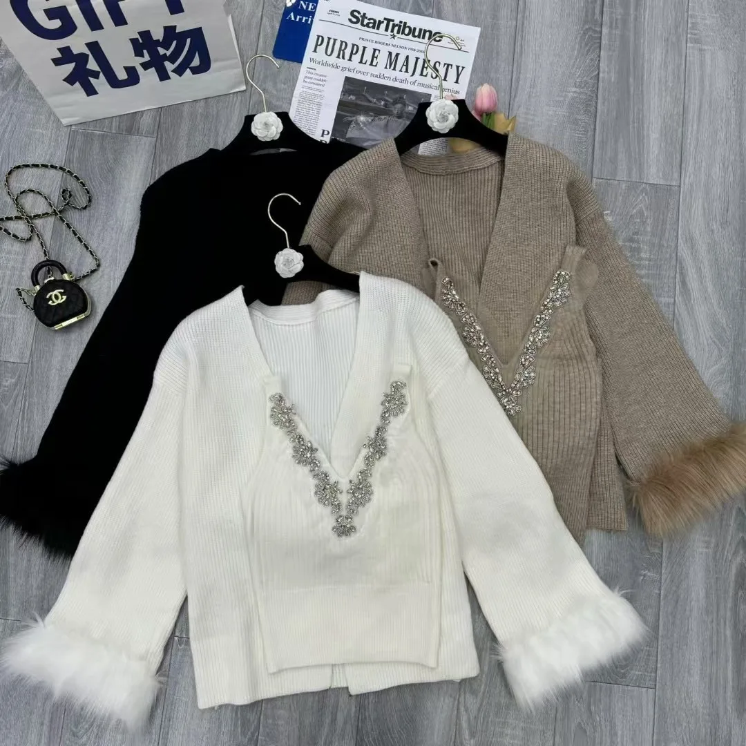 Меховой лоскутный вязаный кашемировый кардиган с длинными рукавами свитер и