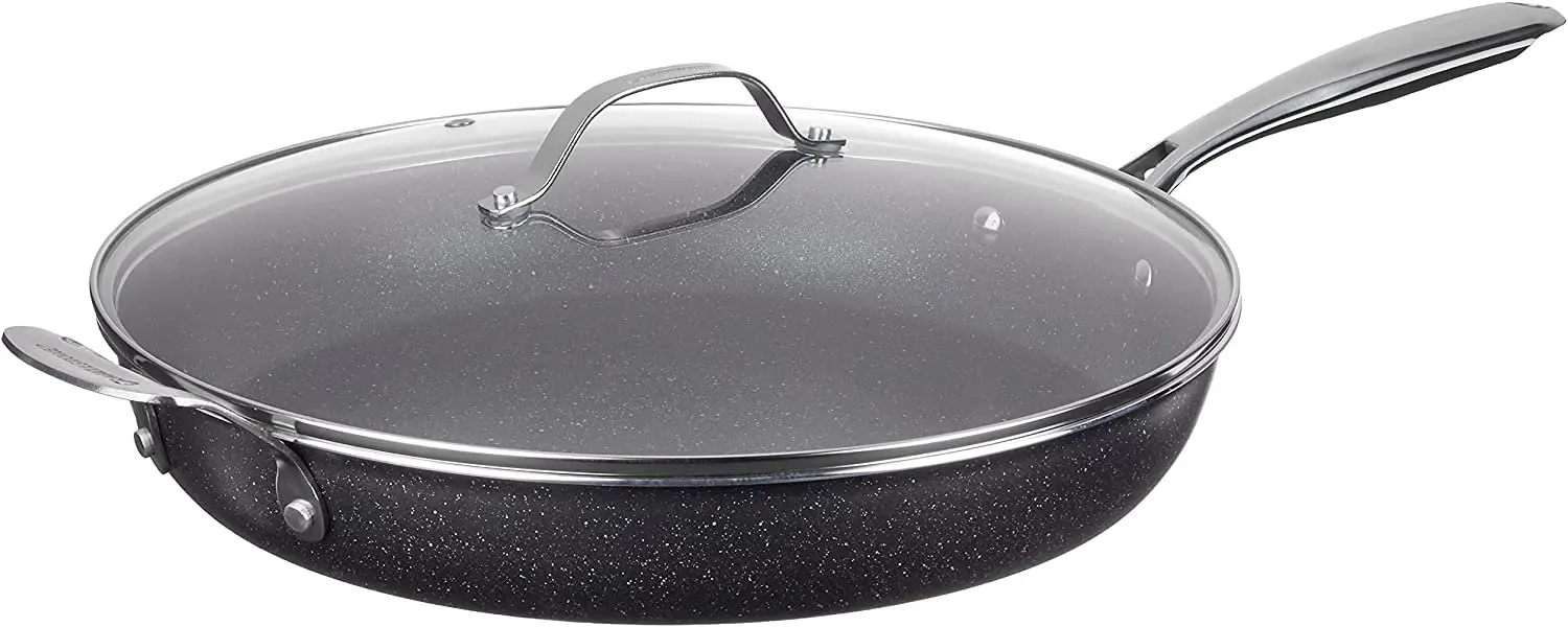 

Nonstick 14" Frying Pan with Lid Ultra Durable Mineral and Diamond Triple Coated Surface, Family Sized Open Skillet, Oven and Di