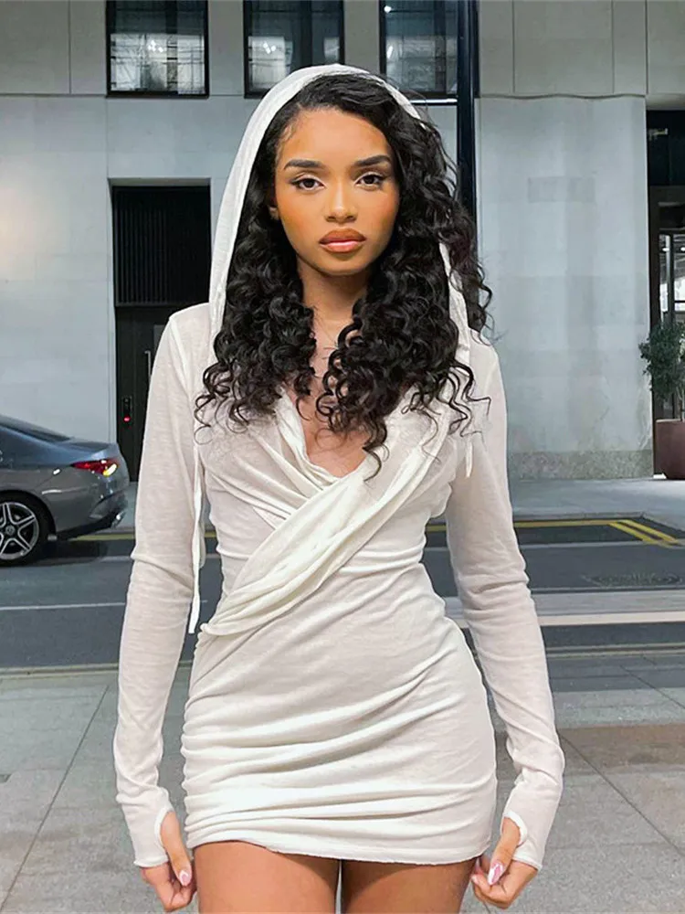 

FQLWL Sexy White Mesh Dresses For Women 2022 Hooded Long Sleeve Summer Mini Dress Female Bandage Bodycon Party Short Dress