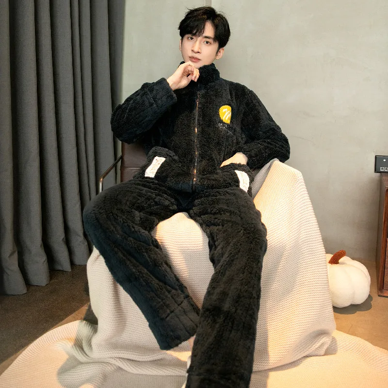 QUHENG Flannel Pajam Men Sets Autumn Winter Men Long Sleeved Trousers Coral Fleece Home ClothesThick Warm Suit Sleepwear
