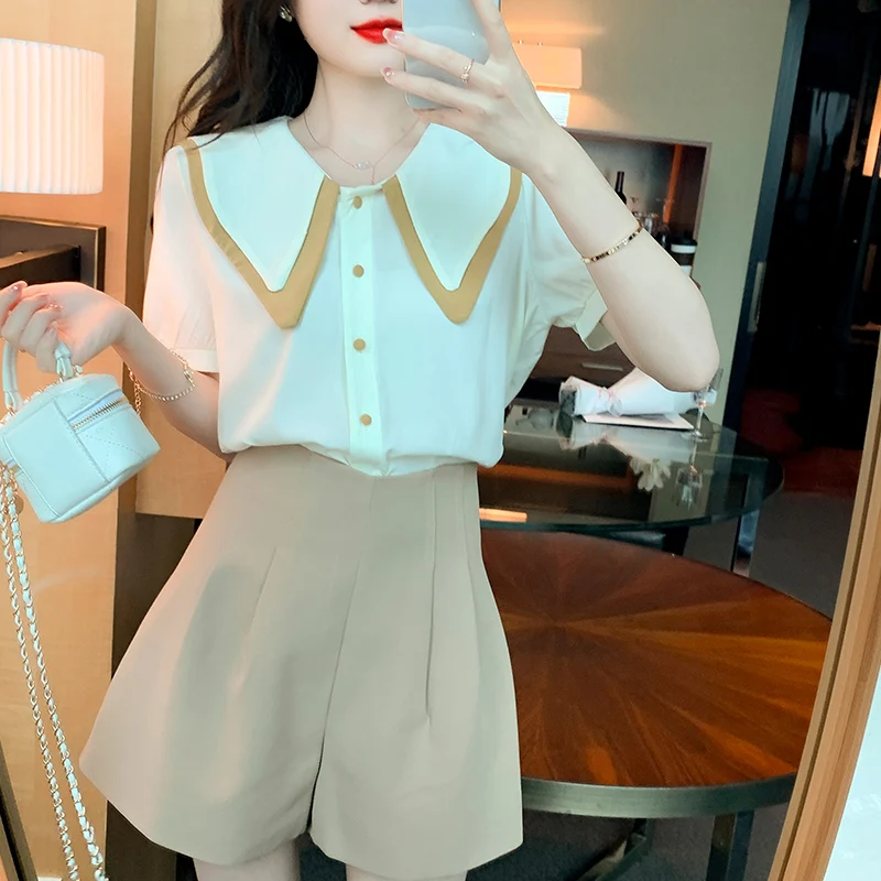 

COIGARSAM Shirt Womens Tops Summer 2022 New Patchwork Short Sleeve Peter Pan Collar Women Shirts Dropshipping