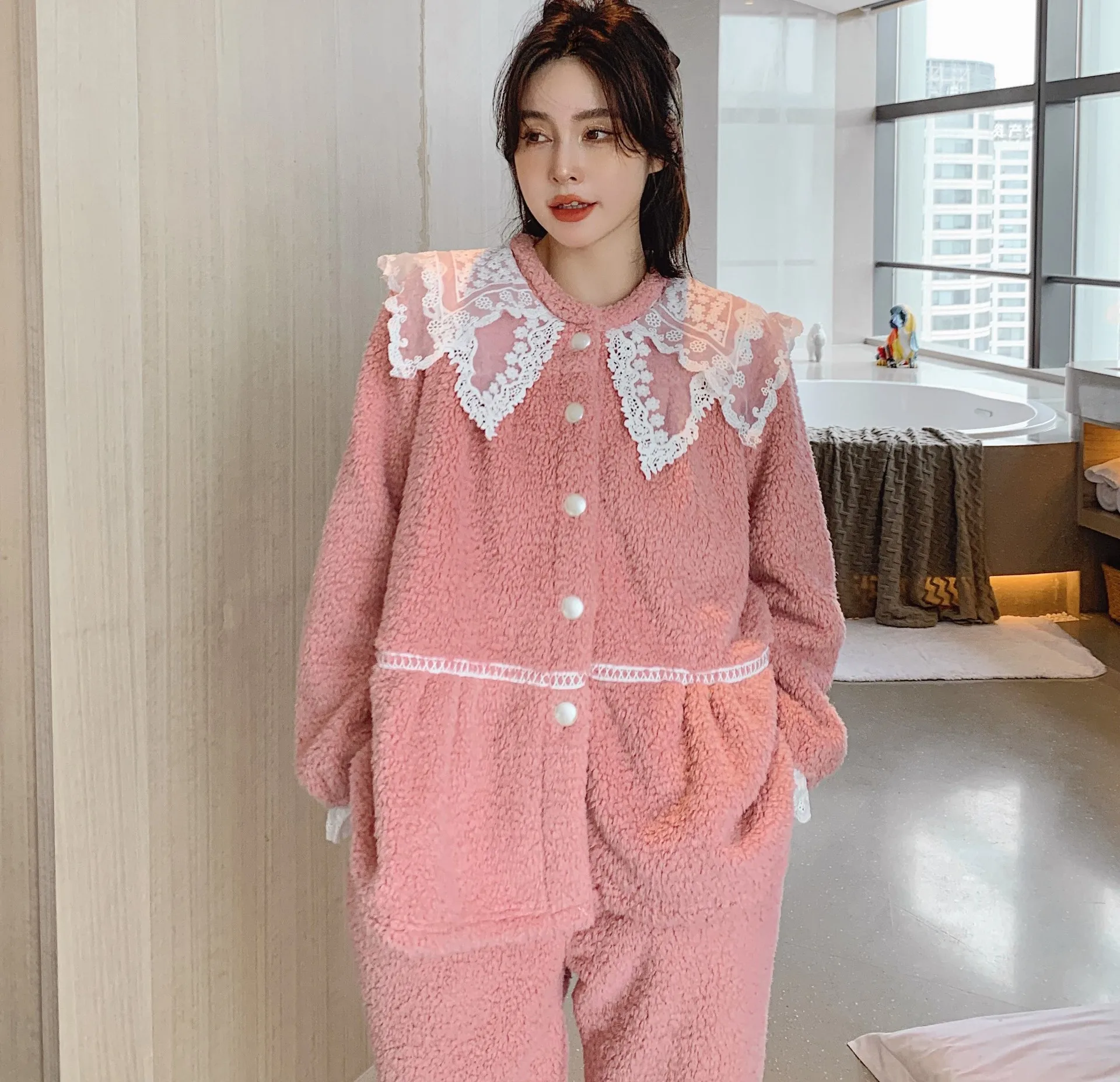 

Кружевная пижама в стиле пэчворк костюм 2 шт. кардиган теплая ночная рубашка с длинным рукавом Пижама с эластичным поясом домашняя одежда