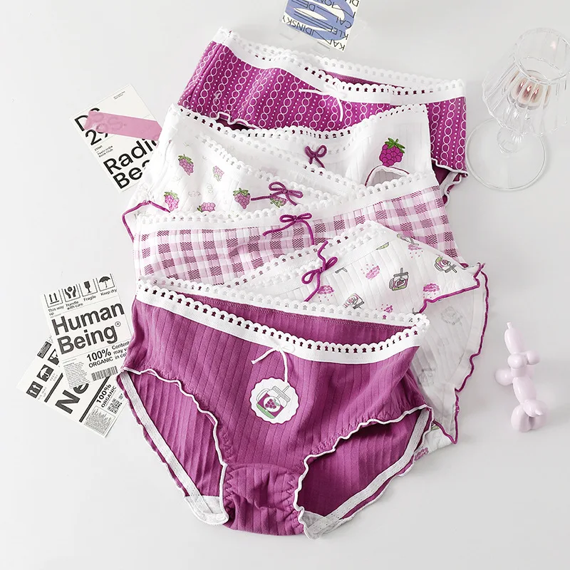 

18PCS Korean Female's Purple Underpants Ladies Grape Printed Panties Girls Cotton Crotch Antibacterial Mid-rise Students Briefs