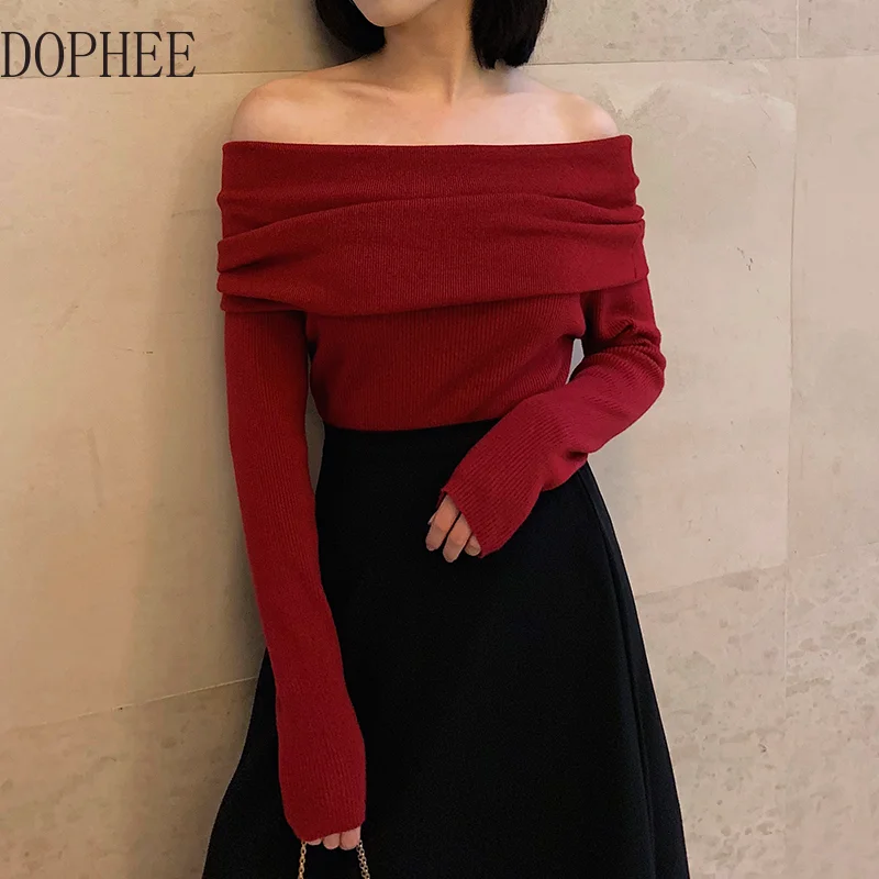 

2023 New Spring Fashion Retro Sexy Slash Neck Red Knitting Top Slim Full Sleeve Exposed Clavicle Pullover Black Basic Sweaters