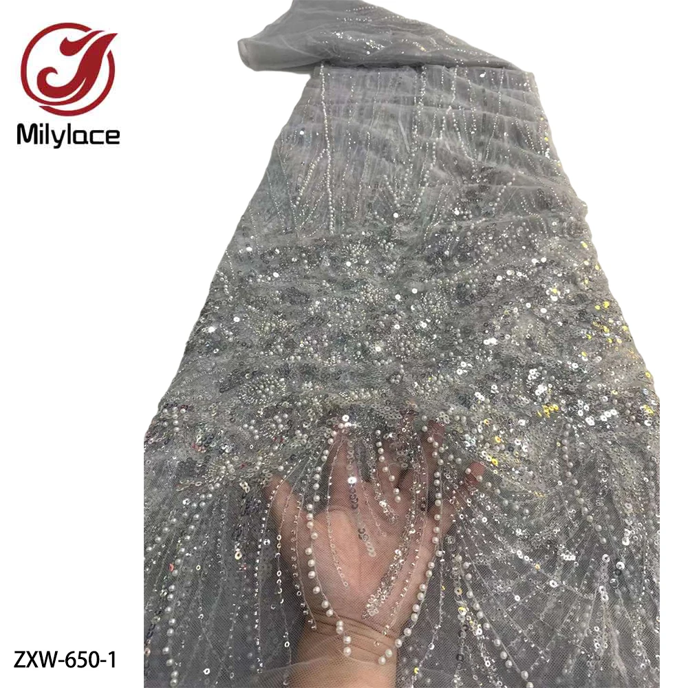 Роскошная тюлевая ткань с бисером "Luxury Beads", 5 ярдов, высокое качество французского кружева для свадебного платья ZXW-650.