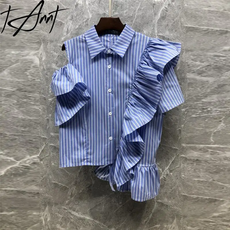 

Tannt Women Shirt Ruffles Spliced Asymmetry Short Stripes Casual Shirts Tops Irregular Short Sleeves Fashion Blue Blouses Tops
