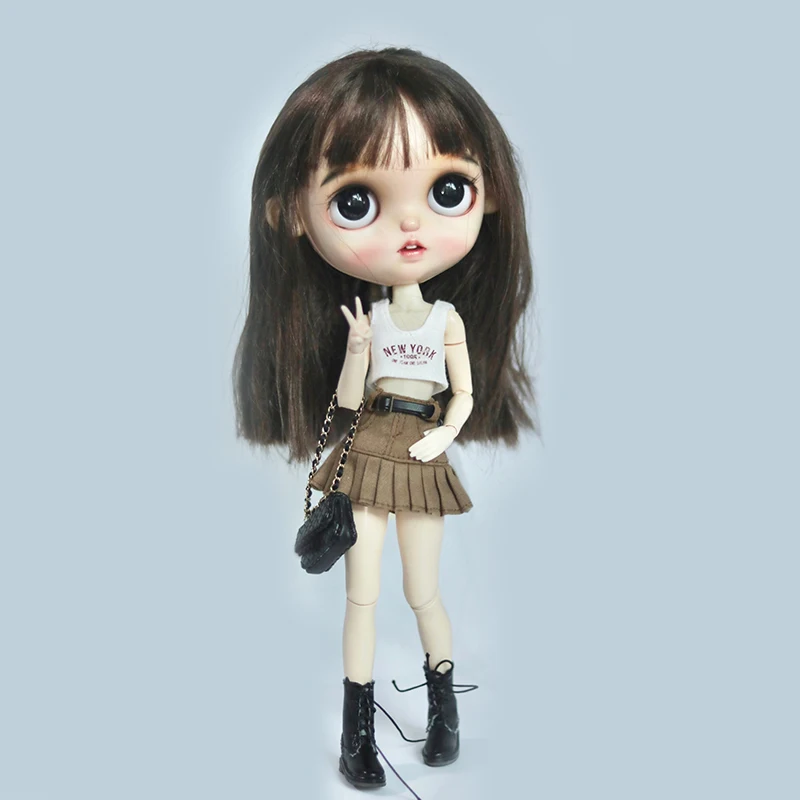 Фото Новое поступление, Одежда для куклы Blythe, футболка с принтом, жилет и джинсовая юбка с поясом для Blyth Licca OB24, одежда, аксессуары для кукол №4