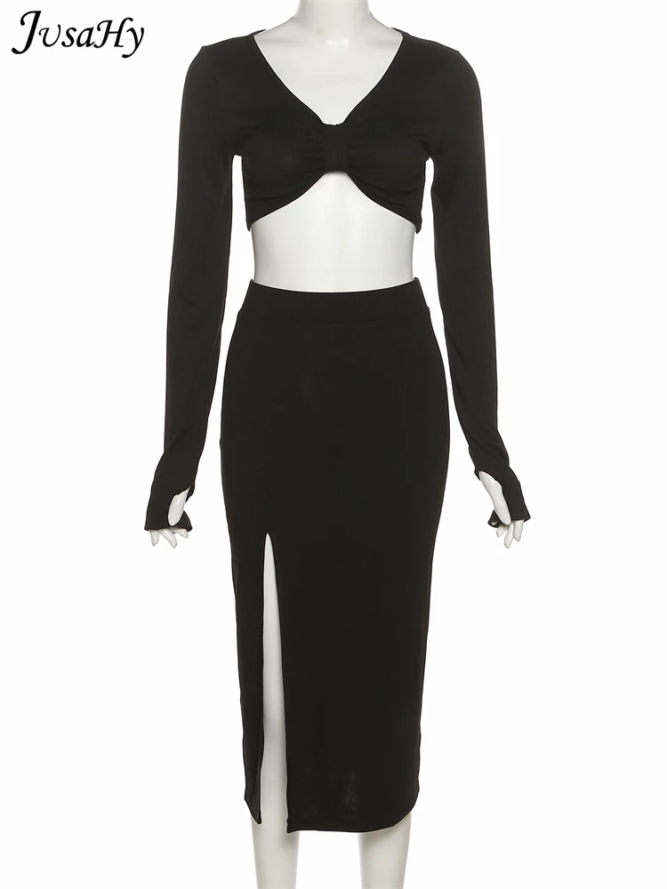 Элегантный однотонный черный женский комплект JuSaHy из двух предметов короткий