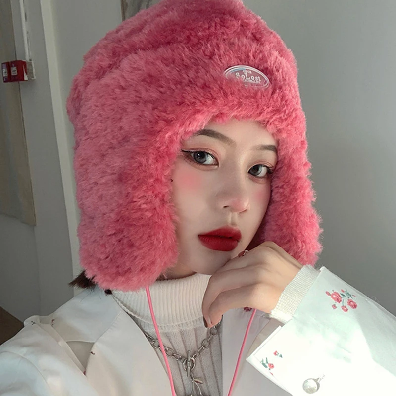 

Artificial Fur Winter Hats With Earflaps Hat Russian Winter Caps Women Bomber Hats Warm Beanies Cap Fur Hood Hat Lamb Hair
