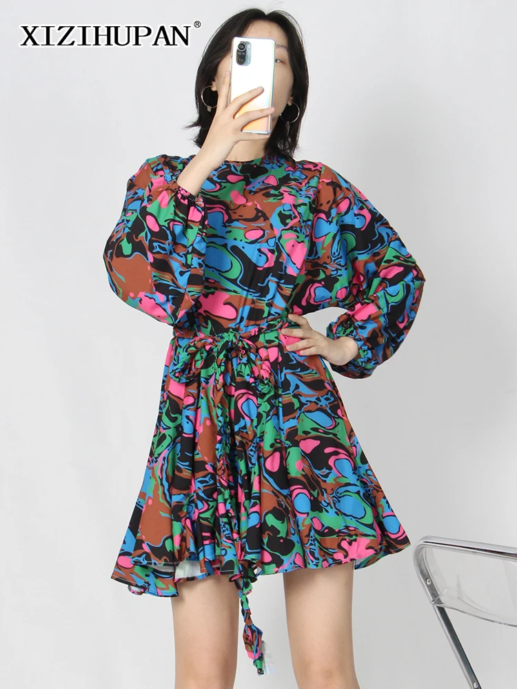 

XIZIHUPAN Vintage Print Hit Color Spring Dress For Women O Neck Long Sleeve Lace Up Bowknot Mini Dresses Female Fashion Clothing