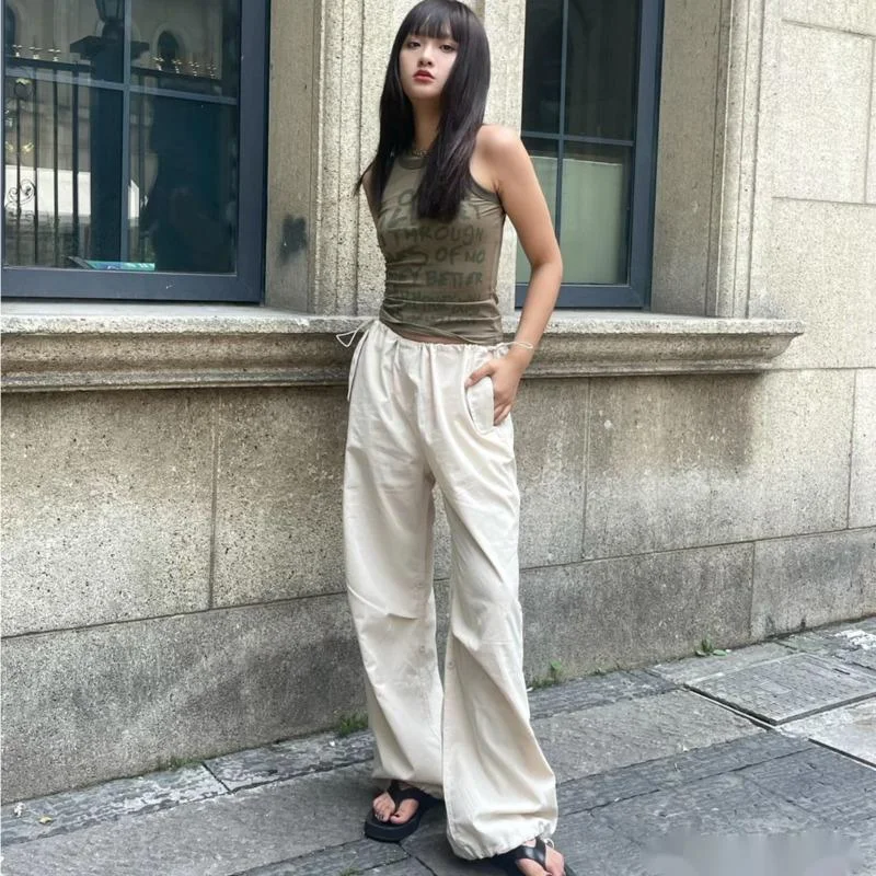 Y2K Drawstring  Women Cargo Pants Oversized Solid Joggers Tech Pants High Waist Streetwear Fashion Brown Baggy Trousers Summer