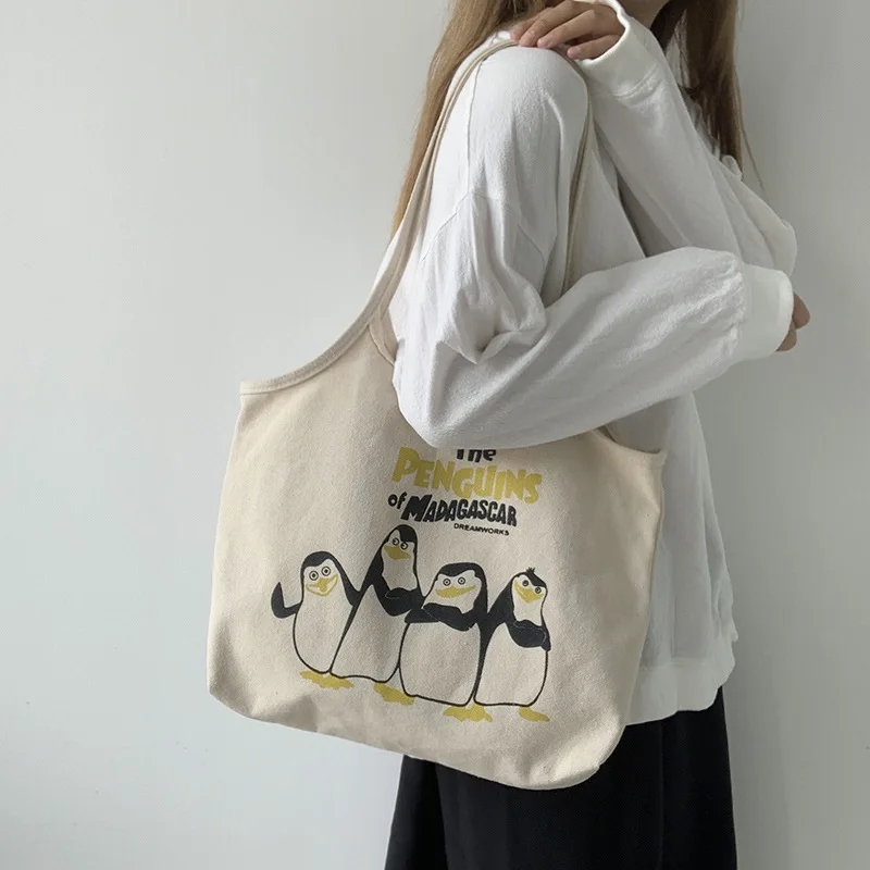 

Cartoon Animal Penguin Shoulder Canvas Bag for Girl Female Cute Cloth Vest Bag Women Large Shopper Tote Beige Cloth Eco Handbag