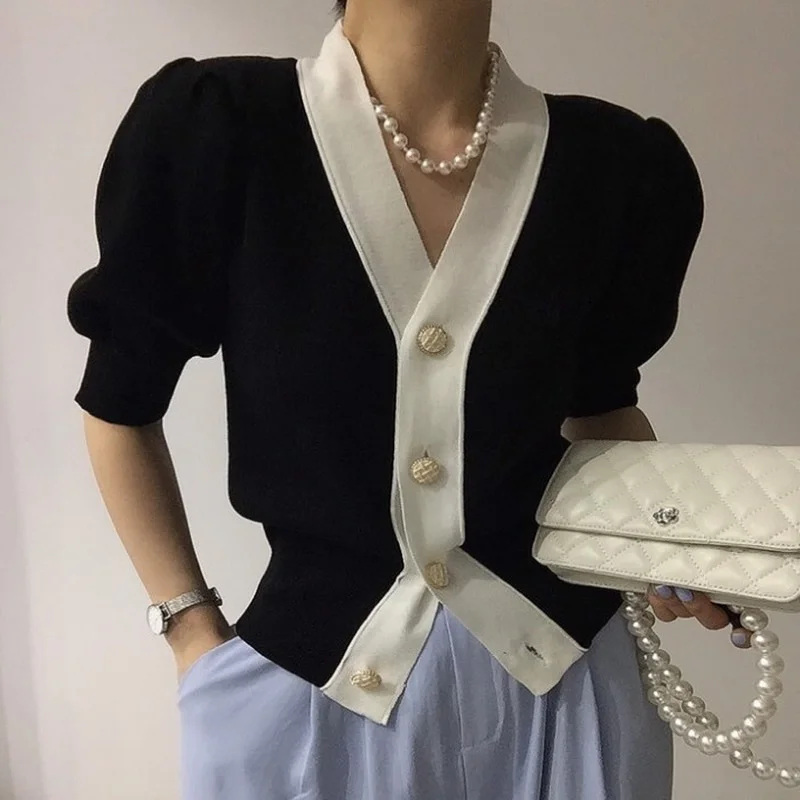 

Женский трикотажный джемпер в стиле ретро, повседневный Укороченный кардиган контрастных цветов с V-образным вырезом и пышными рукавами, 4 ц...