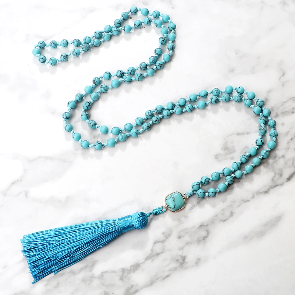 6 мм белый синий натуральный камень кулон с кисточкой ожерелье для женщин и