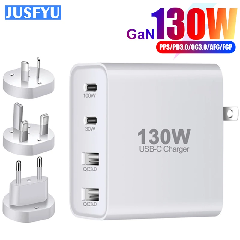 

130W GaN Wall Charger 4-Ports USB PD 100W PPS 30W QC3.0 Fast Charging for MacBook Pro/Air iPad iPhone 14/13/12 Samsung Galaxy