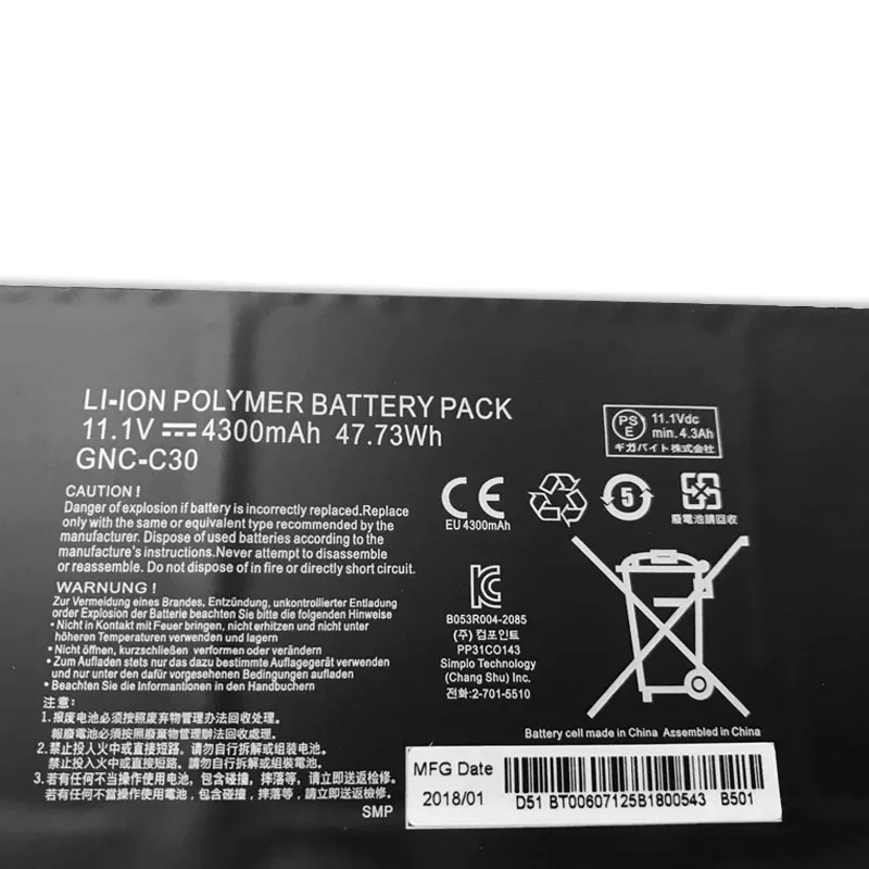 Аккумулятор для Gigabyte P34 P34W P34K U2442 U24T U24F GNC-C30 961TA002F 11 1 В 4300 мАч 47 73 Втч/GNC-J40 916TA013F 15 2 4030