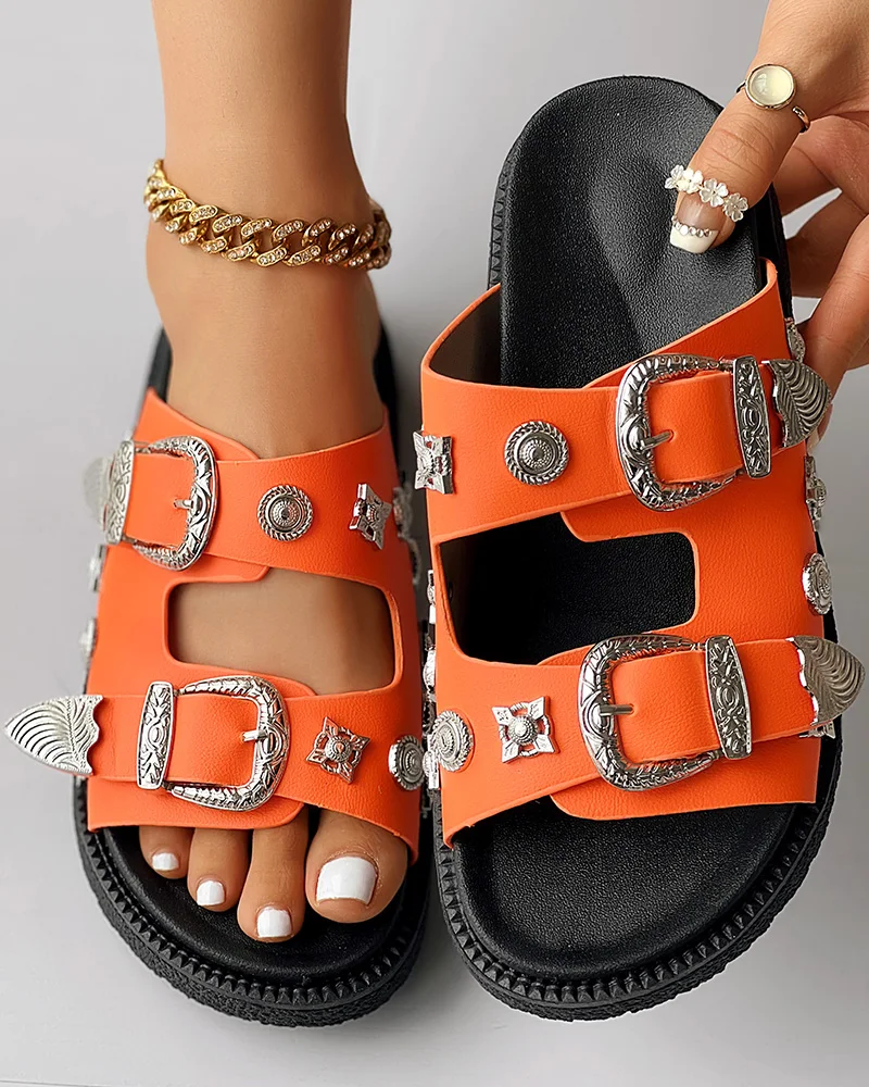 

Woemn Summer Fashion Solid Color Flat Shoes Double Strap Buckled Studded Peep Toe Slippers Sandals