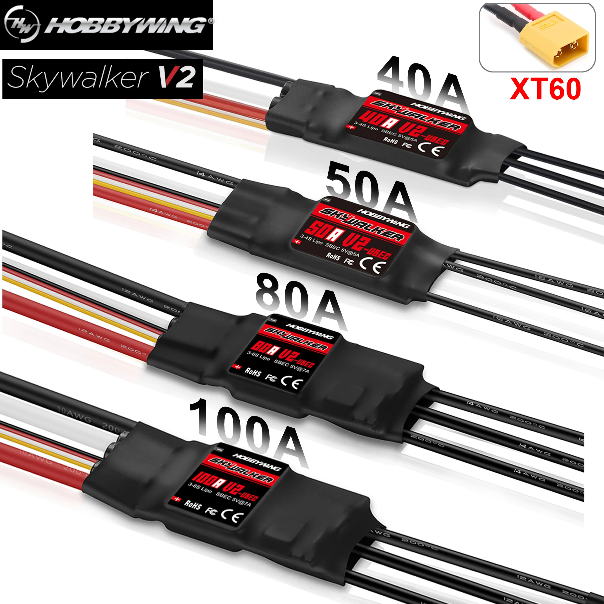 Hobbywing Skywalker Brushless ESC 40A 50A 80A 100A V2 UBEC XT60 контроллер скорости RC для радиоуправляемого дрона самолета вертолета квадрокоптера