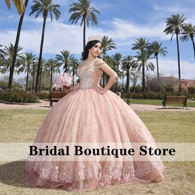 

Sparkly Rose Gold Princess Quinceanera Dresses 2022 Crystal Beads Pearls Off Shoulder Ball Gown Vestidos De 15 Anos Lace Up