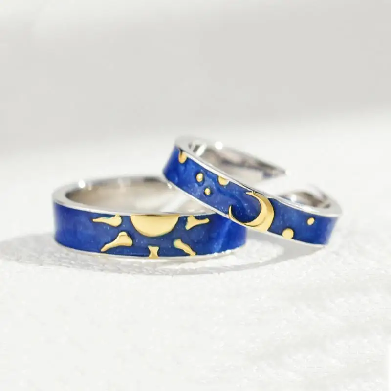

Sun Moon Blue Night Opening Rings For Women Men Couples Simple Design Silver Color Lovers Blue Starry Sky Ring Party Jewelry