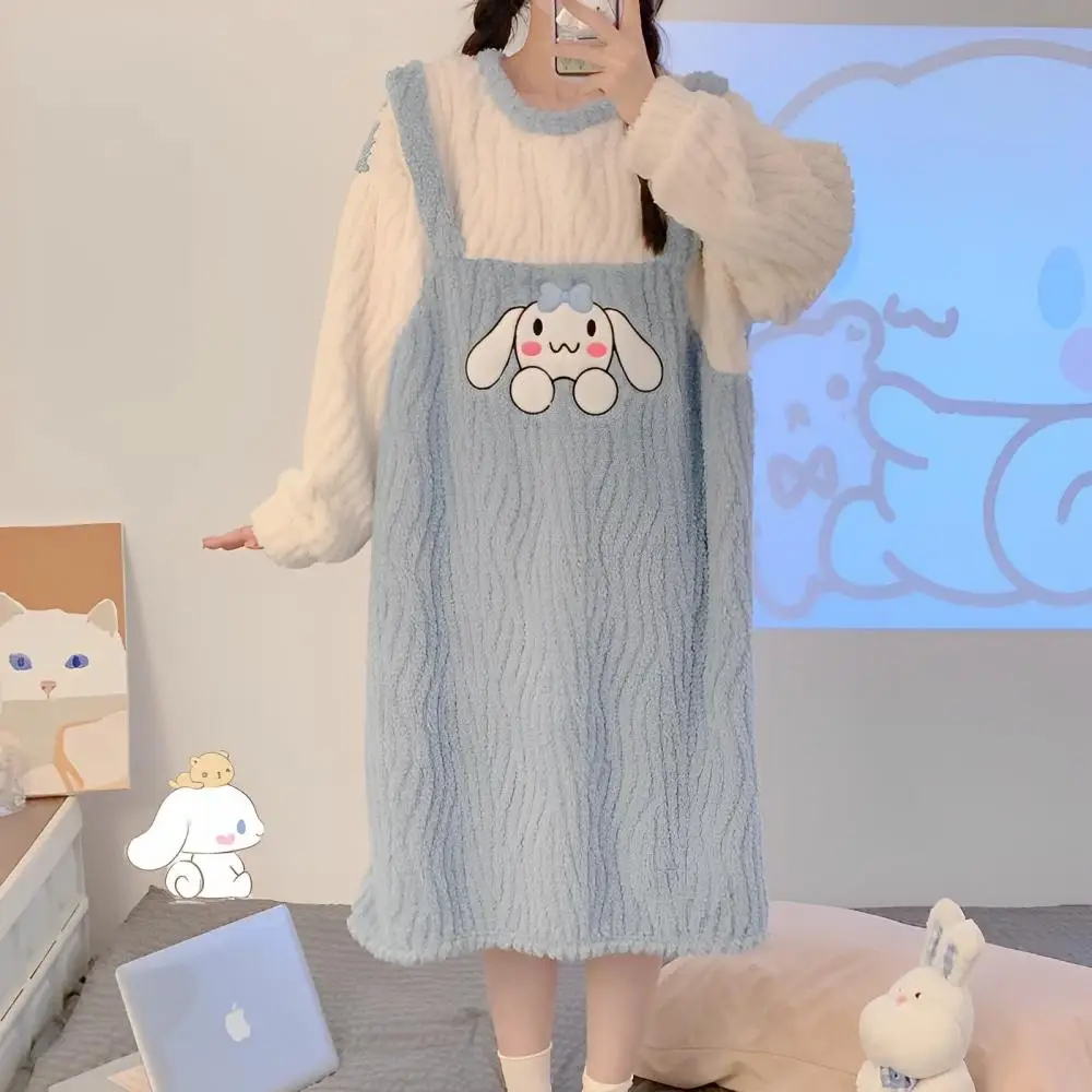 

Cartoon Sanrios Cinnamoroll Coral Velvet Sleeping Dress Autumn Winter Round Neck Plush Pajama Skirt Cute Household Clothes Gift