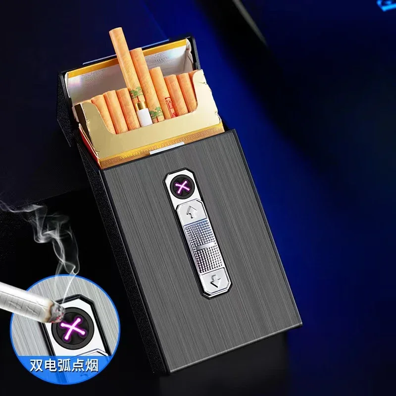 Фото Новый USB-перезаряжаемый портсигар, прикуриватель, нагревательный провод, вмещает 20 тонких сигарет, коробка для хранения сигарет с зажигалкой №2