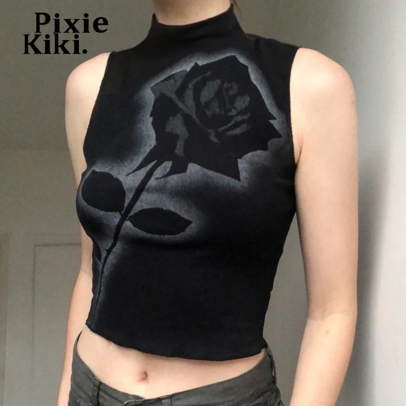 Женский короткий топ без рукавов PixieKiki черный готический с принтом в виде роз