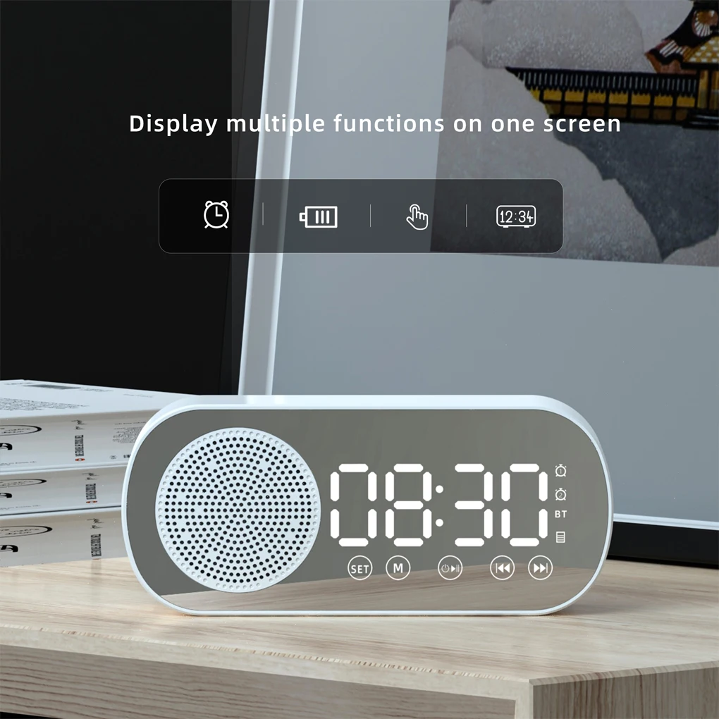 

Digital Alarm Clock Mirror Surface Button Table Clock Bluetooth-compatible 5.0 Speaker Wireless MP3 Player For Home Bedroom