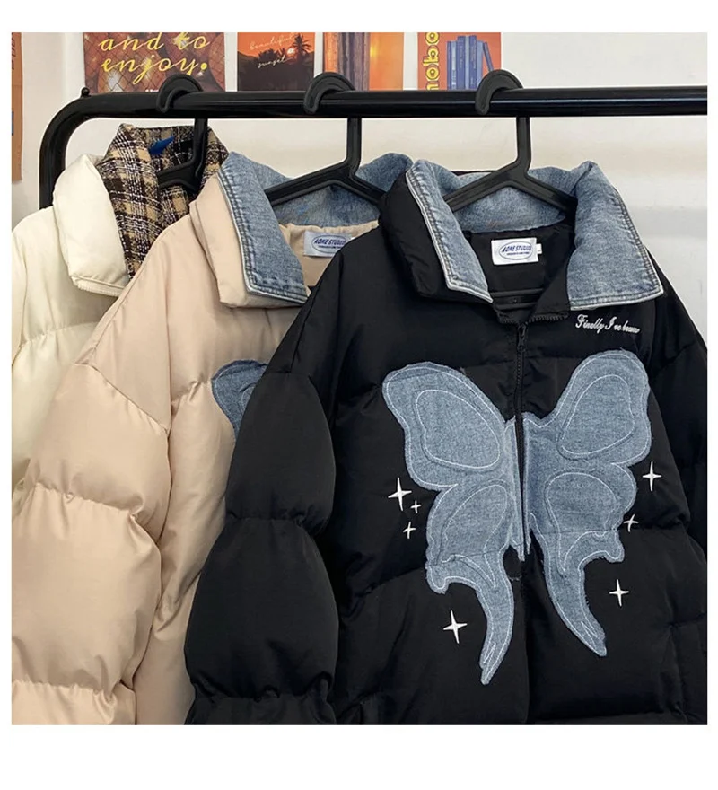 

New butterfly denim patch lapel cotton jacket men's 2022 winter casual loose lovers thick warm coat women's bread jacket
