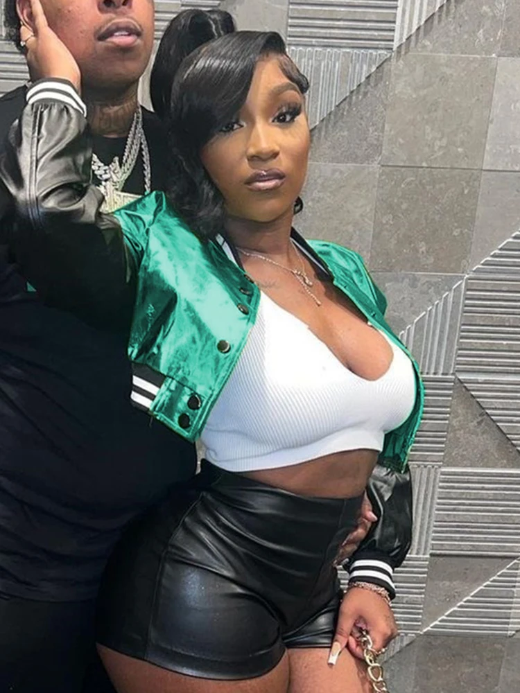 

Sifreyr Shiny PU Patchwork Crop Baseball Jacket Women Contrast Color Single Breasted Long Sleeve Outwear Y2K Fall Bomber Jackets