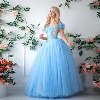 new a line sky blue prom dress off shoulder lace applique evening gown modern strapless soft tulle party dress for women 2022