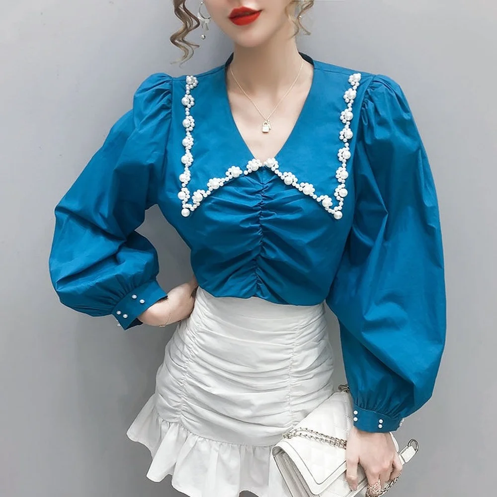 

Embroidered Beads Women Shirt High Quality Female Elegant Blouses Ladies Work Wear White Black Floral Clothing Chiffon Tops