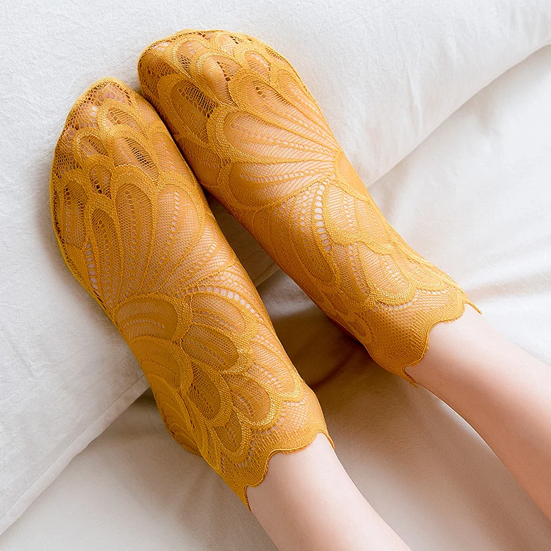 5Pairs Women Lace Flower Mesh Socks Non-slip Invisible Liner Sock Female Elastic Comfy Thin Transparent Breathable Ankle Socks