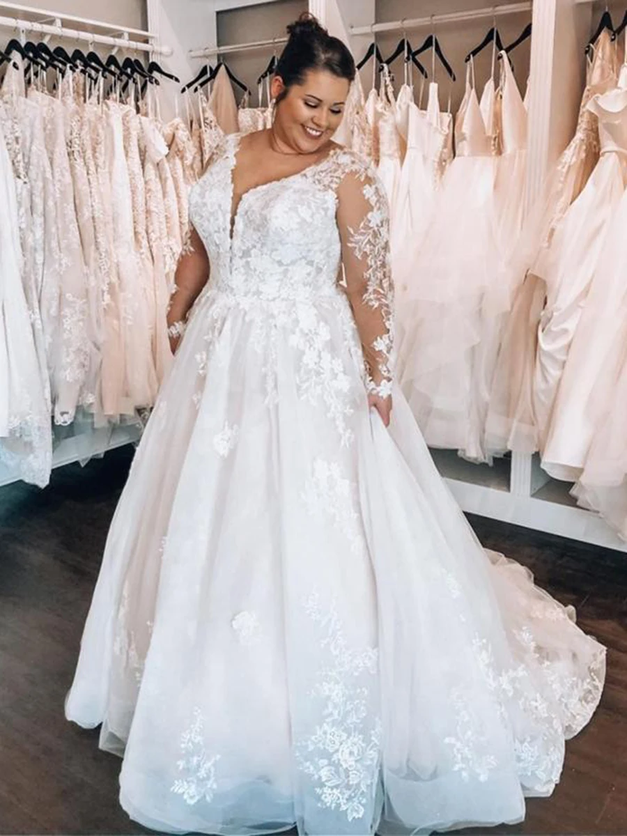 

A-line White Wedding Dresses Plus Size Illusion Long Sleeves Lace Appliques Floor Length Bridal Gowns Women Custom Made
