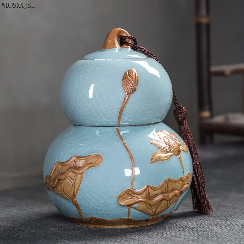 

WDDSXXJSL creative gourd ceramic Tea leaf jar lotus sealed jar home coffee table Tea Savings Box teahouse ceramic tea set