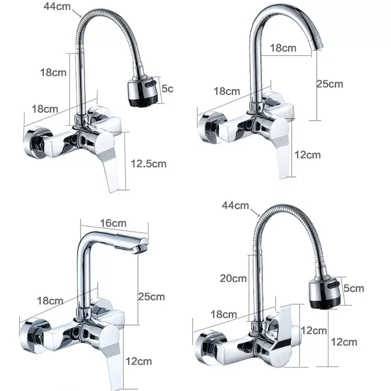 

Chrome Wall Mounted Basin Kitchen Faucet 360 Degree Swivel Flexible Tube Hot Cold Wall Mixer Tap Double Holes Bathroom