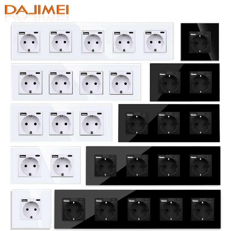 

DAJIMEI EU Russia Standard Type-C Interface Outlet Crystal Panel Black Wall Socket with USB Charge Port Single Double Sockets