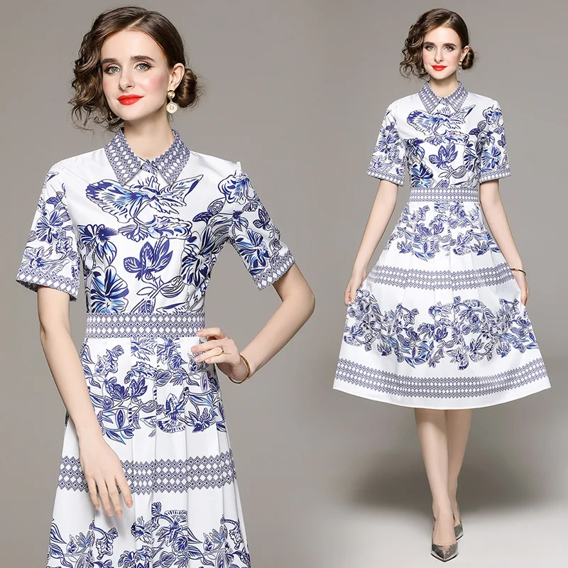 

Women's Spring and Summer New High-end Temperament Polo Neck Short Sleeve Single Breasted Fashion Print Dress with Belt