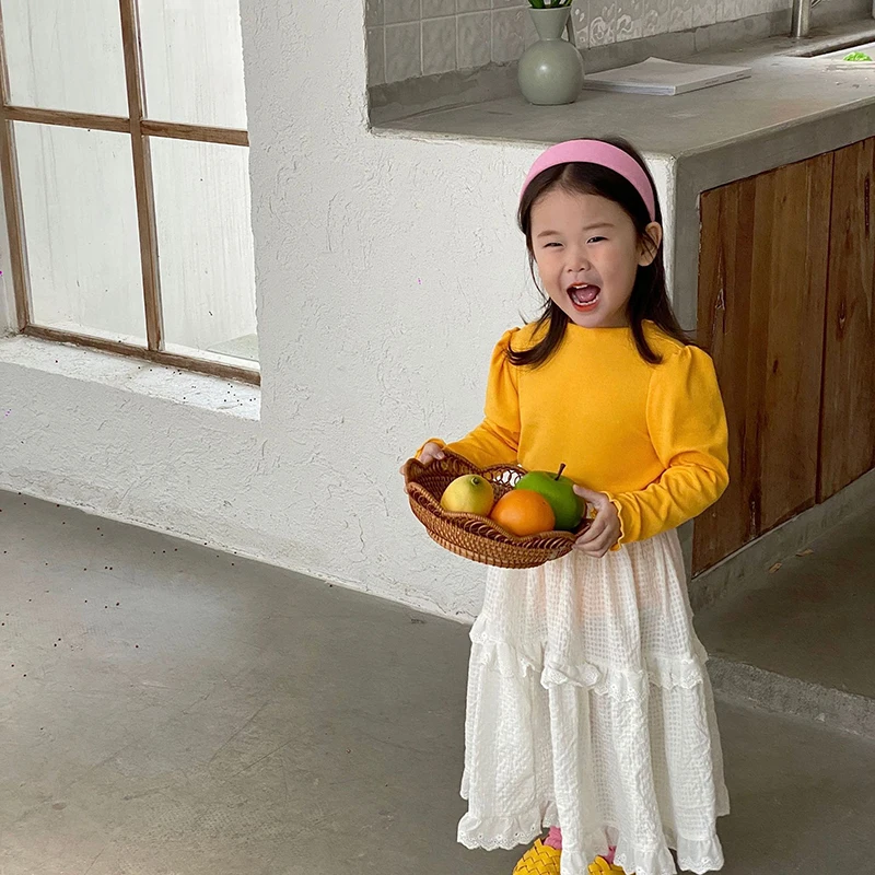 

Топы для маленьких девочек в Корейском стиле, Новинка лета 2022, однотонная Милая повседневная детская одежда с длинными рукавами-фонариками ...