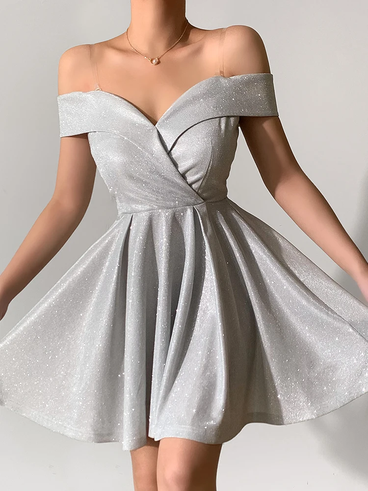

WeiYao Bright Women Party Dress Off Shoulder Draped Korean Elegant Fashion Sexy Chic Christmas Mini Dresses For New Year 2022