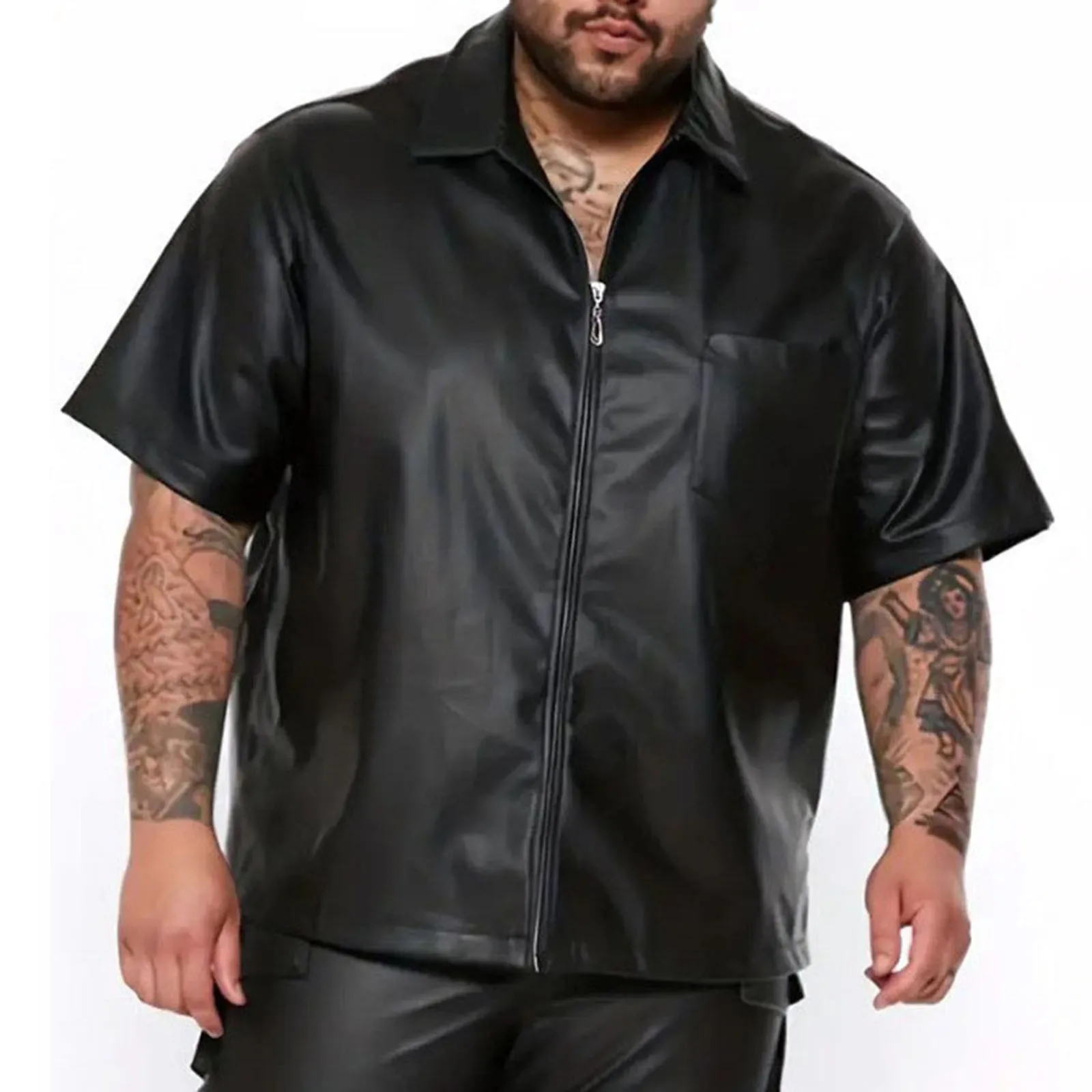 Мужская футболка из искусственной кожи на молнии с коротким рукавом и отложным